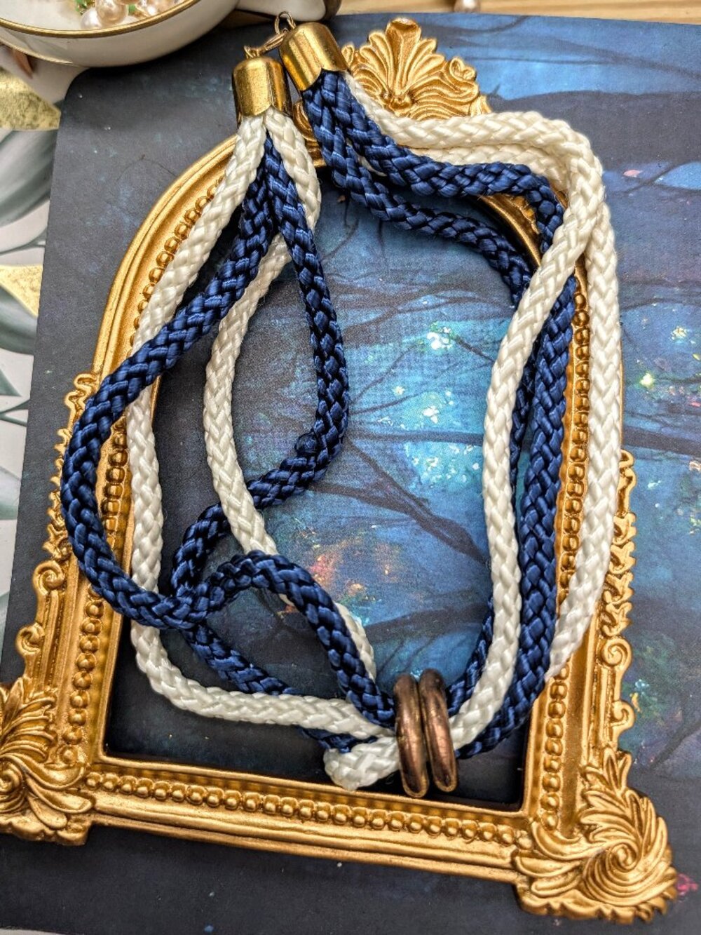 Vintage Nautical Blue & White Braided Rope Necklace with Brass Loop Detail